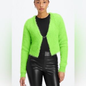 BRAT Soft Lime Green Fuzzy Cropped Cardigan